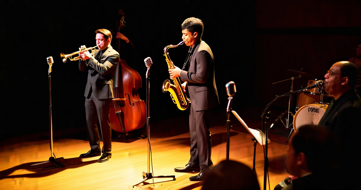 Jazzmusiker improviserar på scen i mörk klubbmiljö