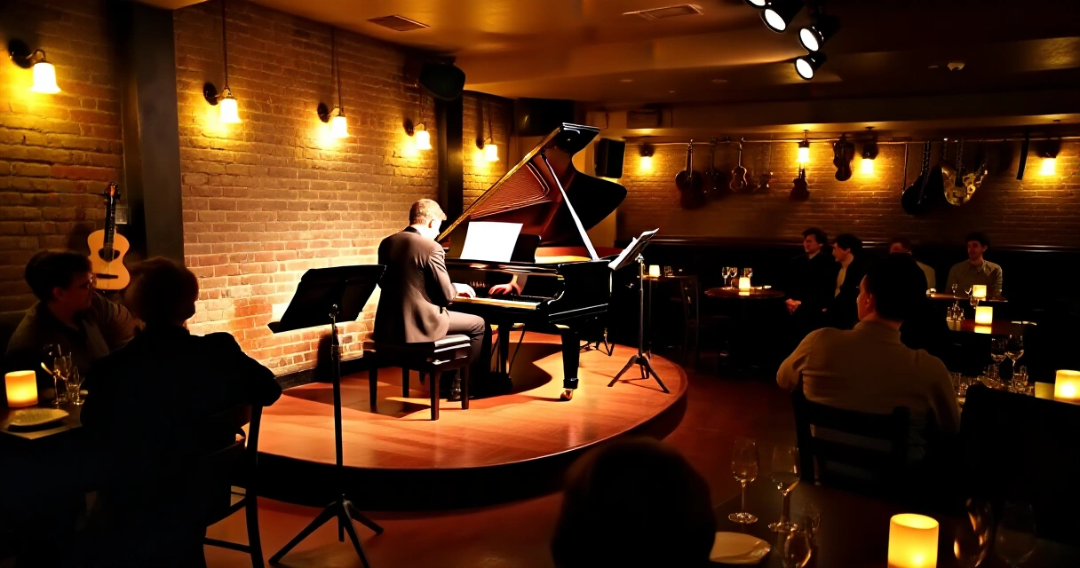 Interiör i en klassisk jazzklubb med pianist på scen och publik i dunkelt ljus