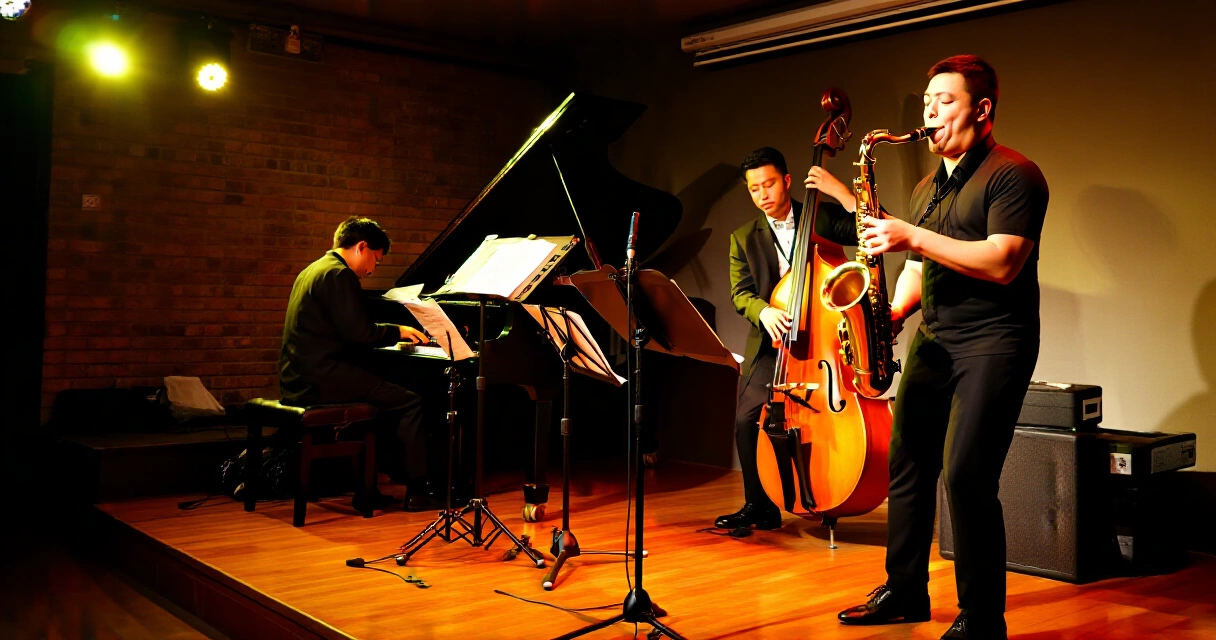 Jazzkvartett spelar live på en intim jazzklubb med varm scenbelysning